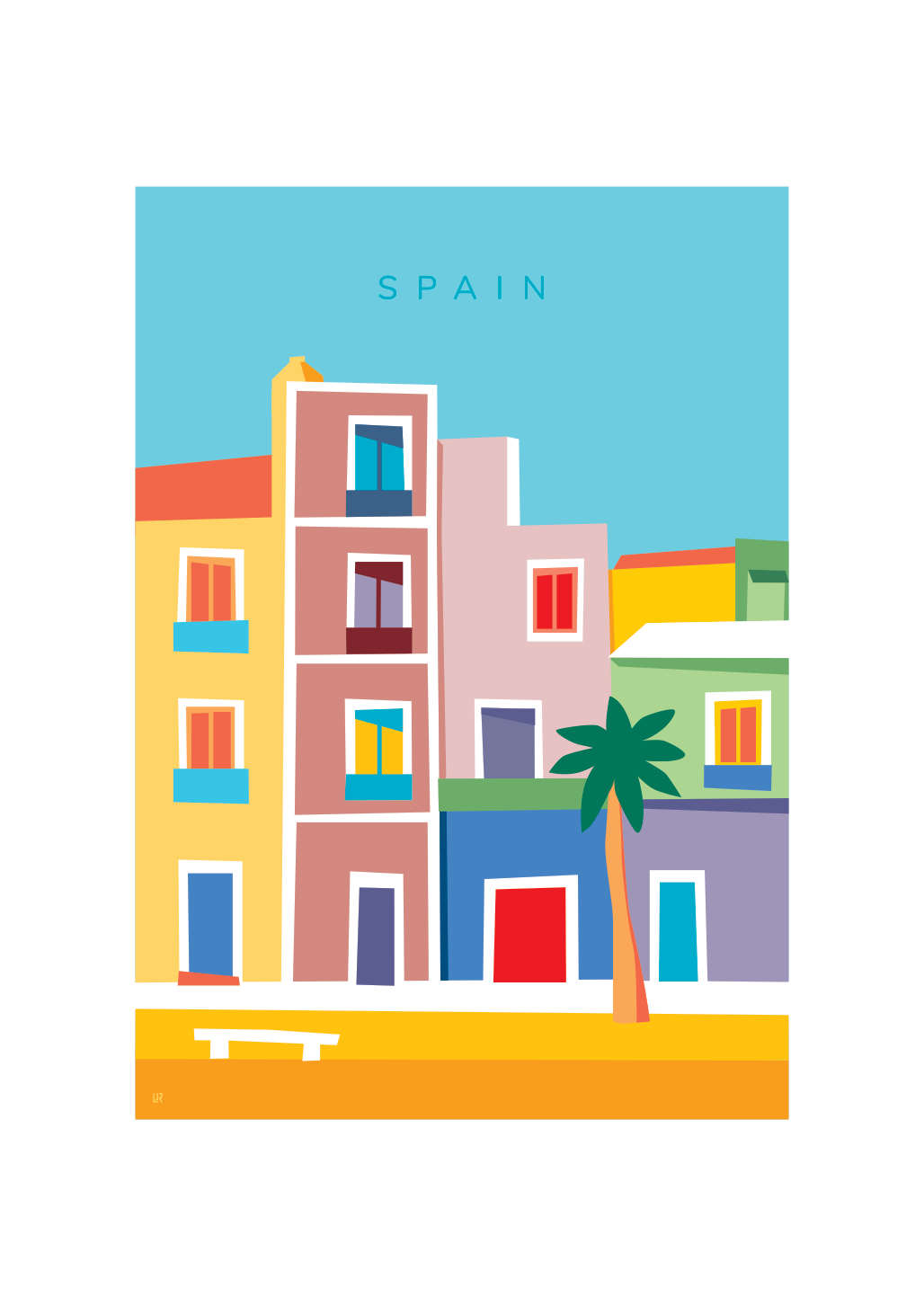 Print of bright coloured houses in Spain